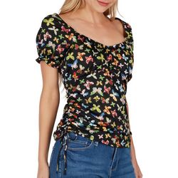 Juniors Butterfly Side Ruched Puff Short Sleeve Top