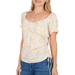 Juniors Floral Side Ruched Puff Short Sleeve Top
