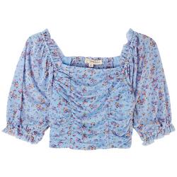 Juniors Floral Shirred Back Smocked Puff Sleeve Top