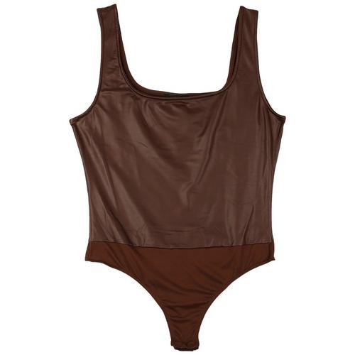 Juniors Solid Square Neck Faux Leather Sleeveless Bodysuit