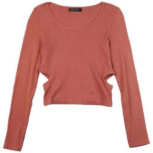 Juniors Solid Cut-Out Ribbed Scoop Neck Long Sleeve