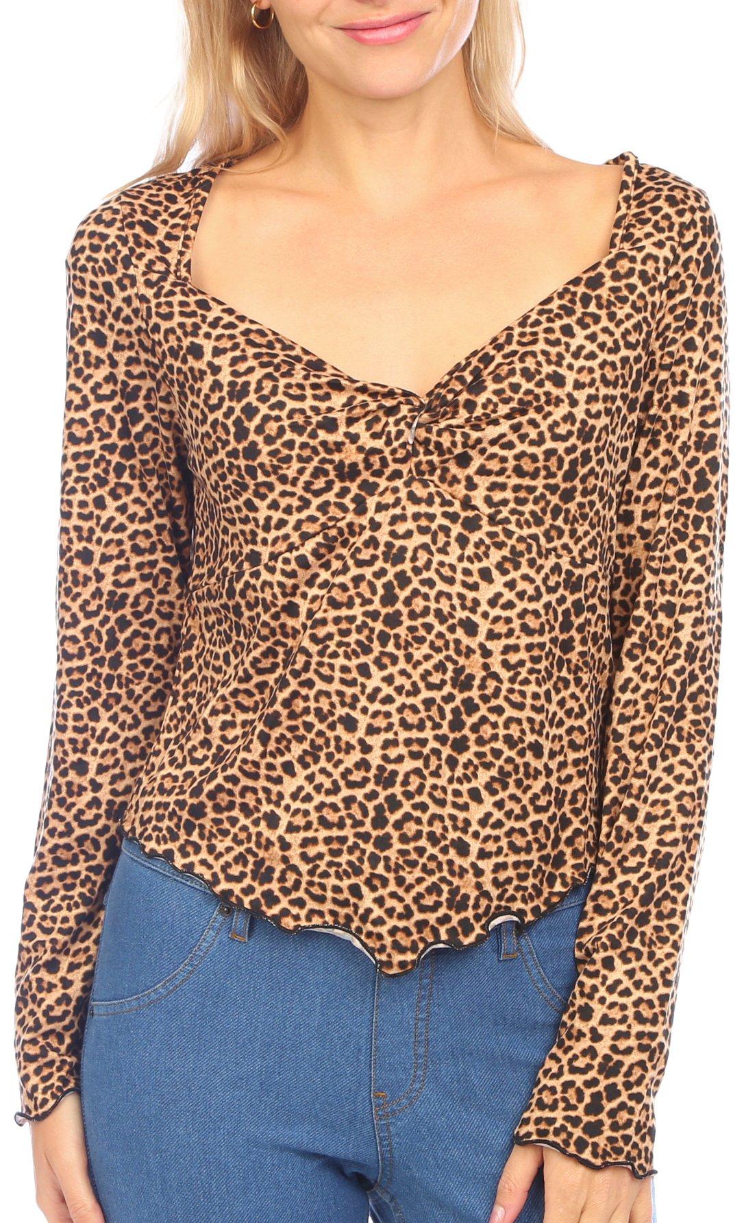 Juniors Ruched Animal Print V-Neck Long Sleeve Top