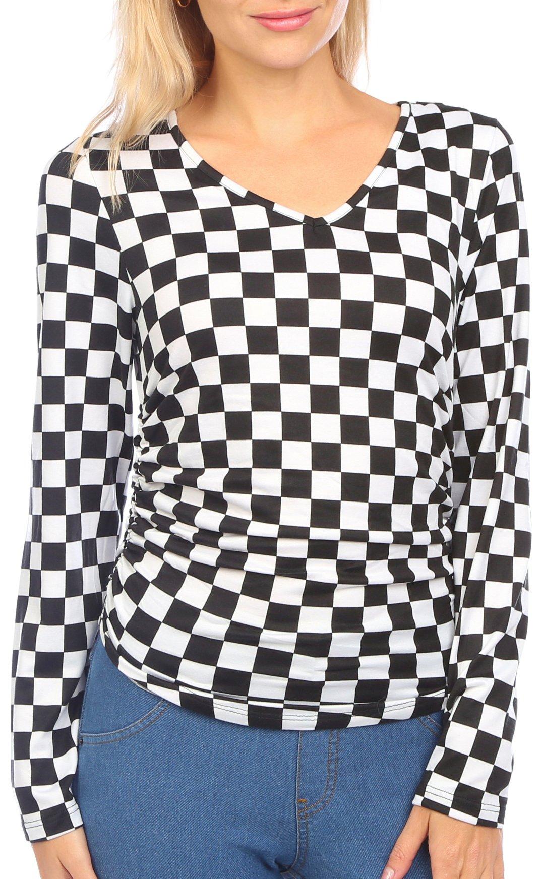 Juniors Checkered V-Neck Long Sleeve Top