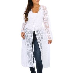 Juniors Solid Mesh Lace Hook Front Long Sleeve Kimono