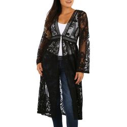 Juniors Solid Mesh Lace Hook Front Long Sleeve Kimono