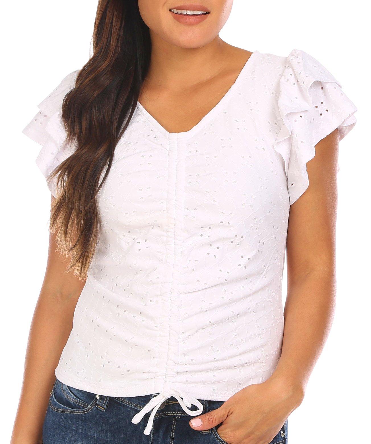 Juniors Solid Sinched Flutter Sleeve Top