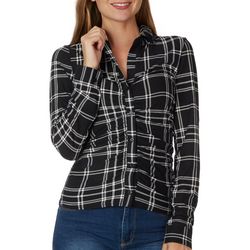Juniors Plaid Button Down Front Ruching Long Sleeve Top