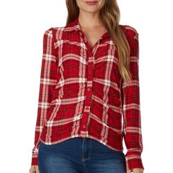 Juniors Button Down Front Ruching Plaid Long Sleeve Top