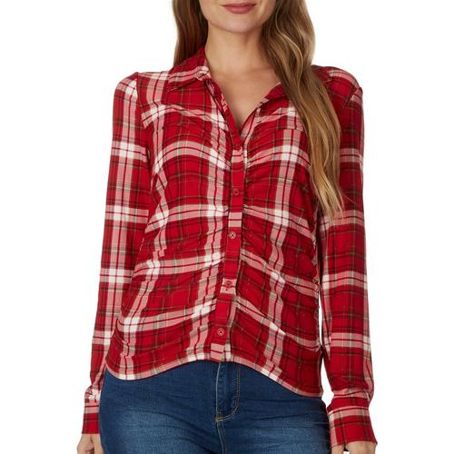 Juniors Button Down Front Ruching Plaid Long Sleeve