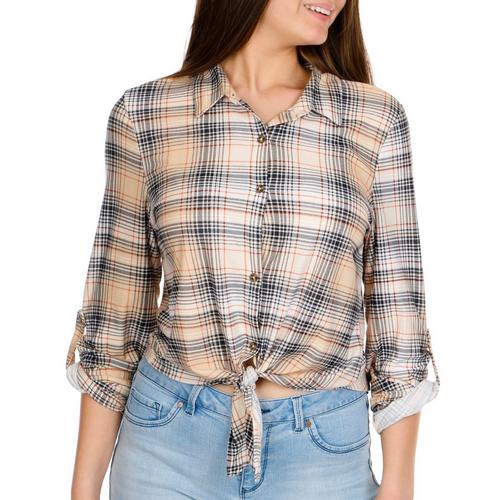 Neutral Plaid Button Down Tie Front Long Sleeve