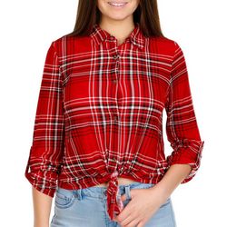 Plaid Button Down Tie Front Long Sleeve Top