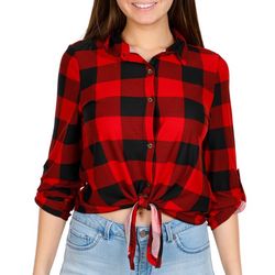 Buffalo Plaid Button Down Tie Front Long Sleeve Top