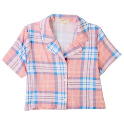 No Comment Juniors Plaid Cropped Short Sleeve Top