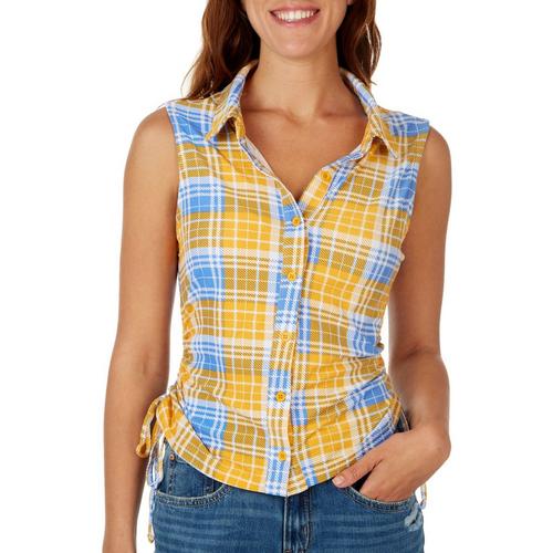No Comment Juniors Plaid Ruched Sleeveless Top