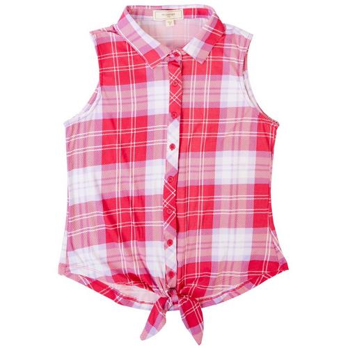 No Comment Juniors Plaid Tie Front Sleeveless Top