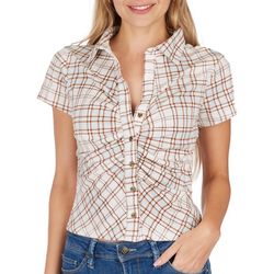 Juniors Ruched Plaid Button Down Short Sleeve Ribbed Top