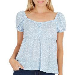 No Comment Juniors Ditsy Puff Sleeve Henley Babydoll Top