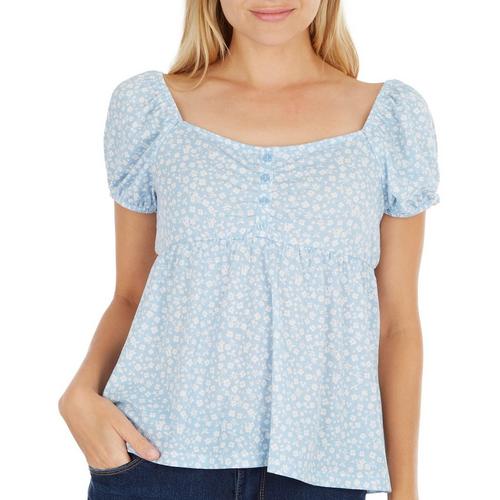 No Comment Juniors Ditsy Puff Sleeve Henley Babydoll