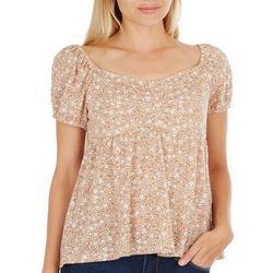 No Comment Juniors Floral Puff Sleeve Henley Babydoll Top