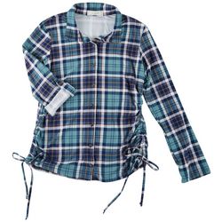 No Comment Juniors Plaid Ruched Long Sleeve Top