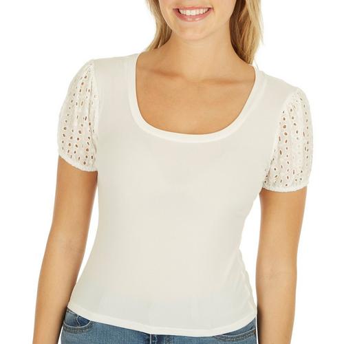 Juniors No Comment Eyelet Puff Short Sleeve Top