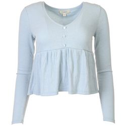 No Comment Juniors Solid Ribbed Long Sleeve Baby Doll Top