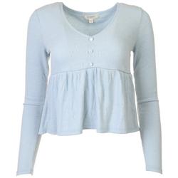Juniors Solid Ribbed Long Sleeve Baby Doll Top