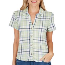 Juniors Lime Ribbed Plaid Button Down Short Sleeve Top
