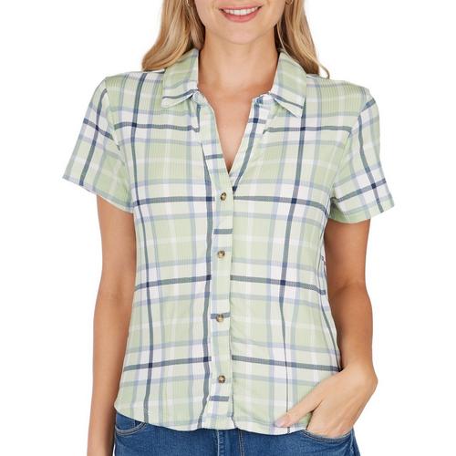 Juniors Lime Ribbed Plaid Button Down Short Sleeve
