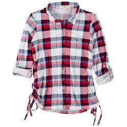 No Comment Juniors Plaid Ruched Roll Cuff Sleeve Top