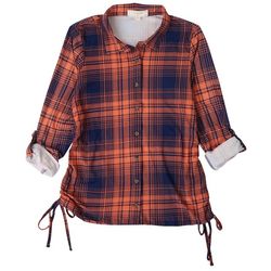 No Comment Juniors Plaid Side Ruched Long Sleeve Top