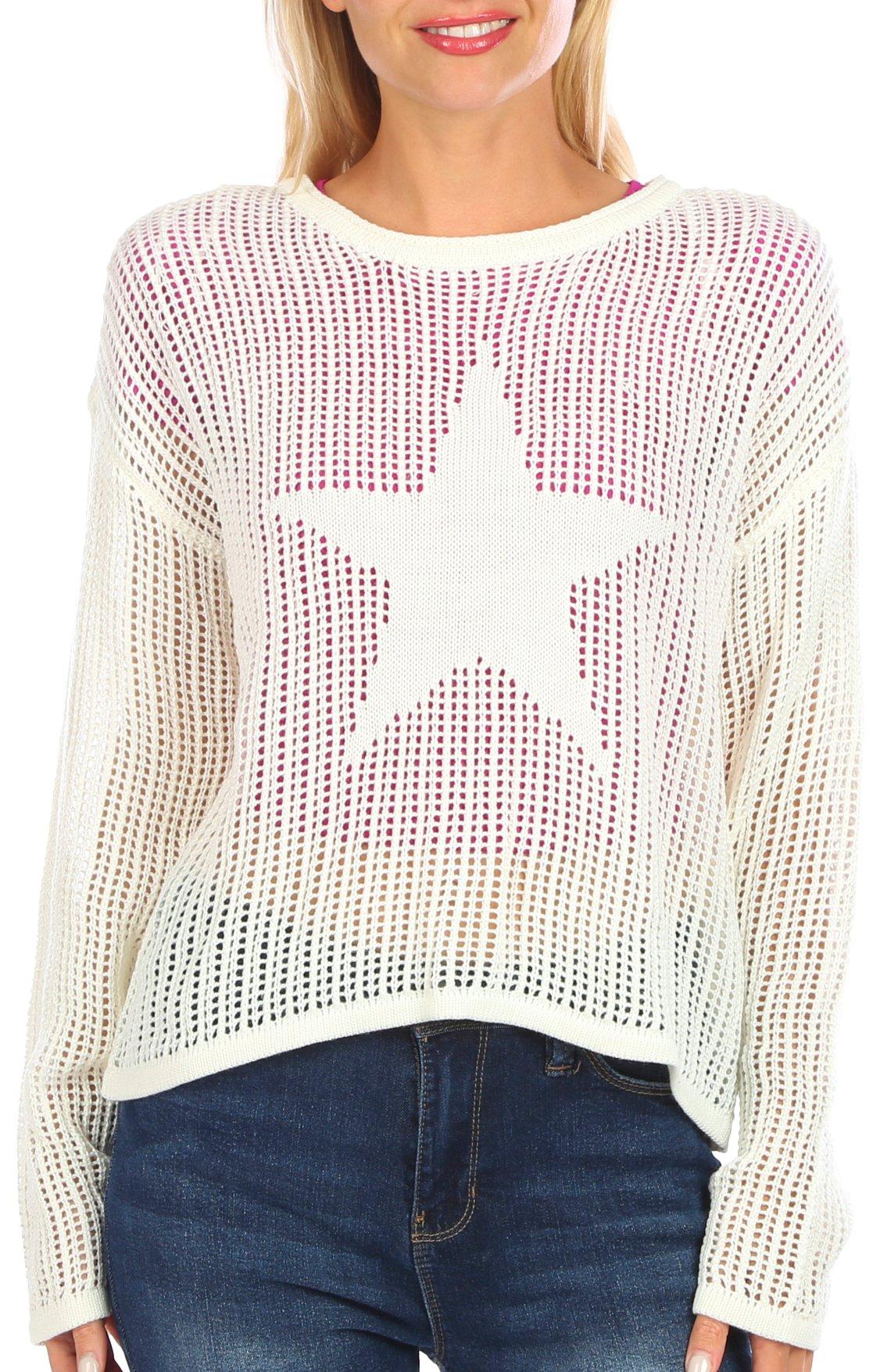 No Comment Juniors Star Pull-On Crochet Long Sleeve Top