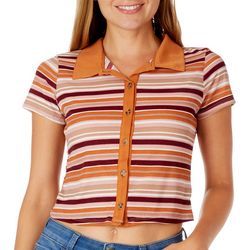 No Comment Juniors Striped Button Down Short Sleeve Polo Top