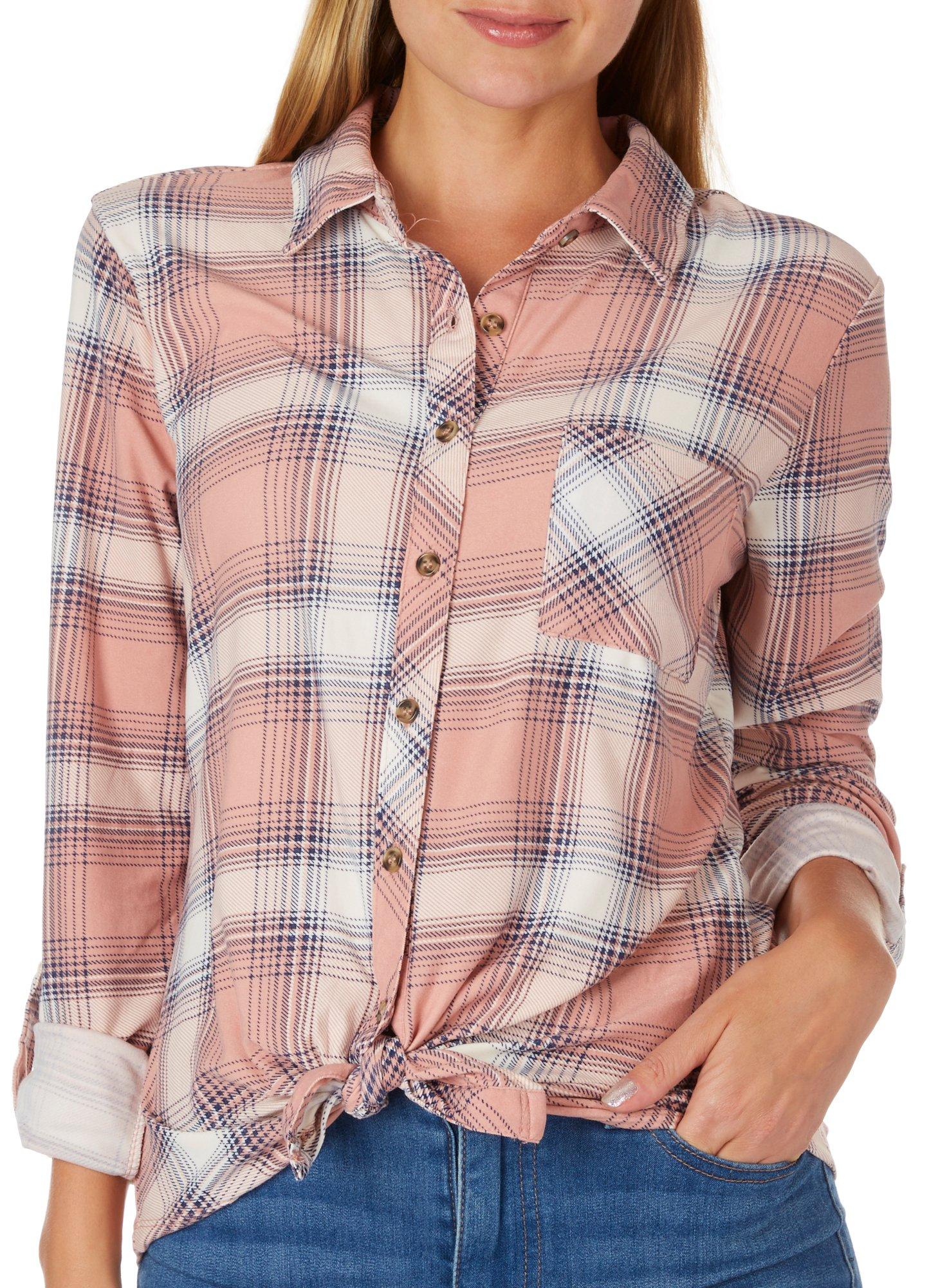 No Comment Juniors Cross Plaid Tie Front 3/4 Sleeve Top