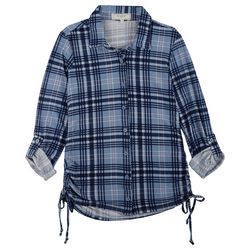No Comment Juniors Side Ruched Plaid Long Sleeve Top