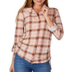 No Comment Juniors Plaid Side Ruched Long Sleeve Top