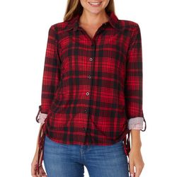 No Comment Juniors Saucy Plaid Side Ruched Long Sleeve Top