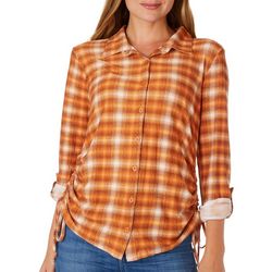 No Comment Juniors Harvest Plaid Side Ruched Long Sleeve Top