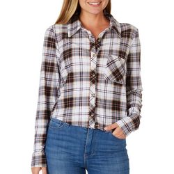 No Comment Juniors Plaid Cropped Long Sleeve Top