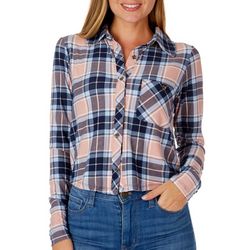 No Comment Juniors Wide Plaid Cropped Long Sleeve Top