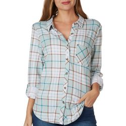 No Comment Juniors Plaid Long Roll Cuffed Sleeve Top