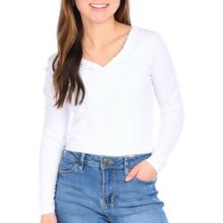 Juniors Ribbed Lace Trim V-Neck Long Sleeve Top