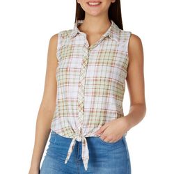 No Comment Juniors Box Plaid Tie Front Sleeveless Top