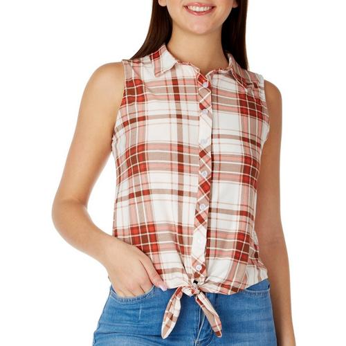 No Comment Juniors Tie Front Plaid Sleeveless Top