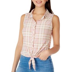 No Comment Juniors Plaid Tie Front Sleeveless Top