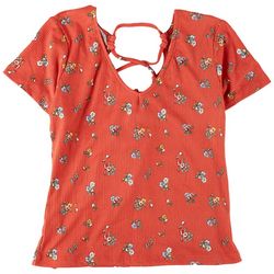 No Comment Juniors Ribbed Floral Tie Back Short Sleeve Top