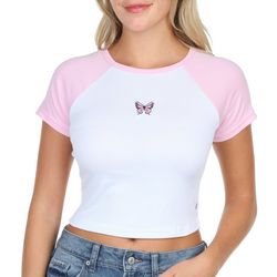 No Comment Juniors Butterfly Embroidered Raglan Ribbed Top