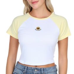 No Comment Juniors Sunflower Embroidered Raglan Ribbed Top