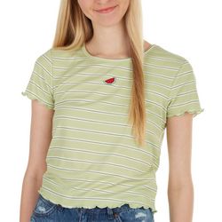 No Comment Juniors Embroidered Melon Stripe Ribbed Top