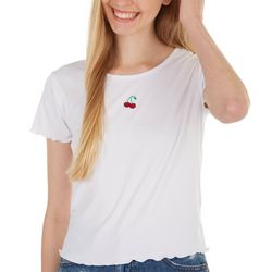 No Comment Juniors Embroidered Cherry Solid Ribbed Top